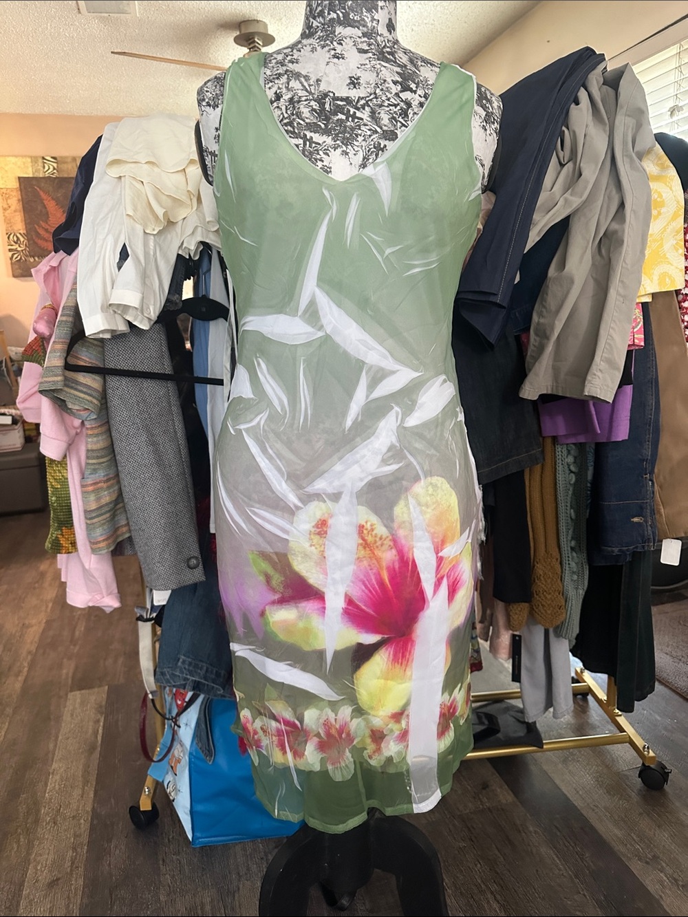 Sleeveless Green Floral Midi Slip Dress